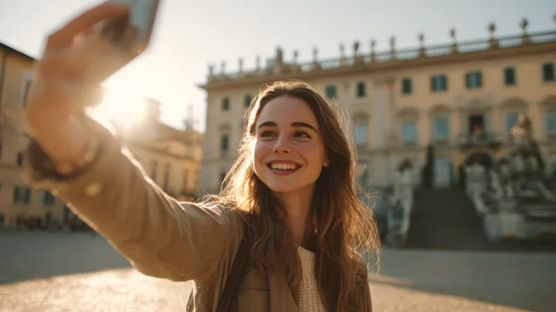 Un creator riprende con lo smartphone nel cortile di un palazzo storico