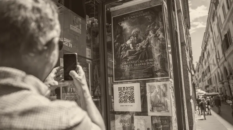 Una mano inquadra col telefono il QR di una locandina all’ingresso di un museo