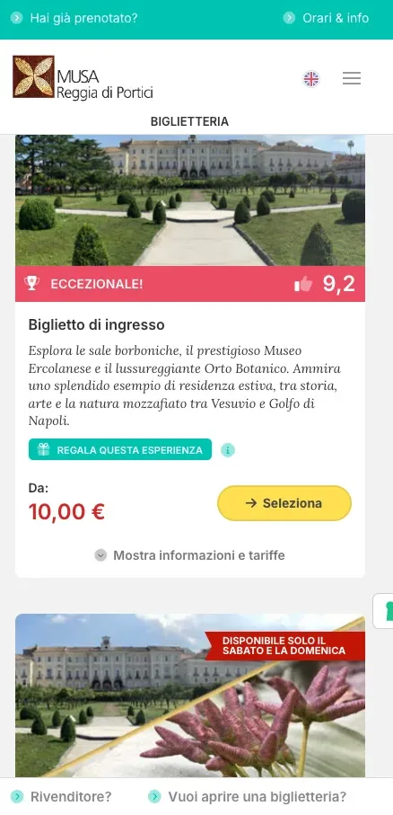 La vetrina okTicket del MUSA — Reggia di Portici: ogni biglietto espone il chip «Regala questa esperienza»