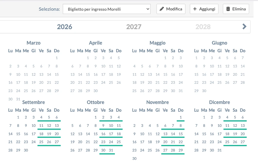 Agenda ingressi okTicket — calendario annuale del biglietto con i turni attivi evidenziati per data