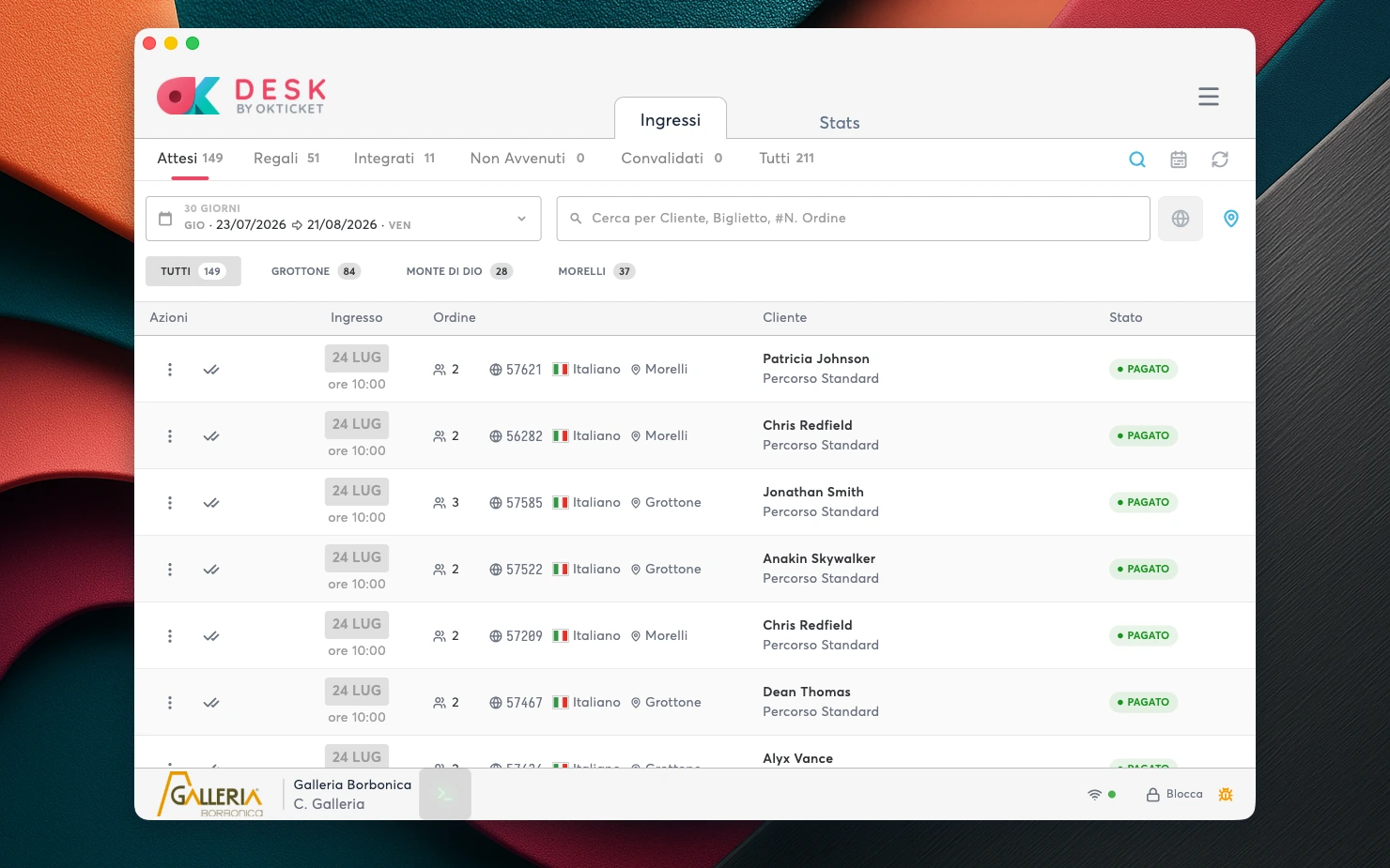 okDesk, gli ingressi attesi dei prossimi giorni — filtri per sito, clienti e stato dei biglietti