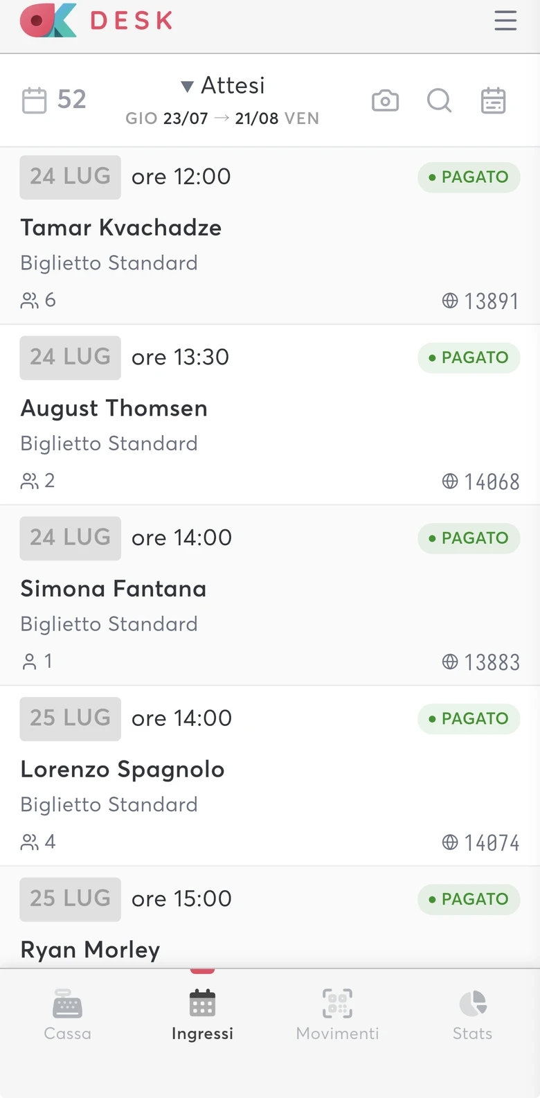 okDesk su smartphone — la lista degli ingressi attesi con date, visitatori e stato pagamento