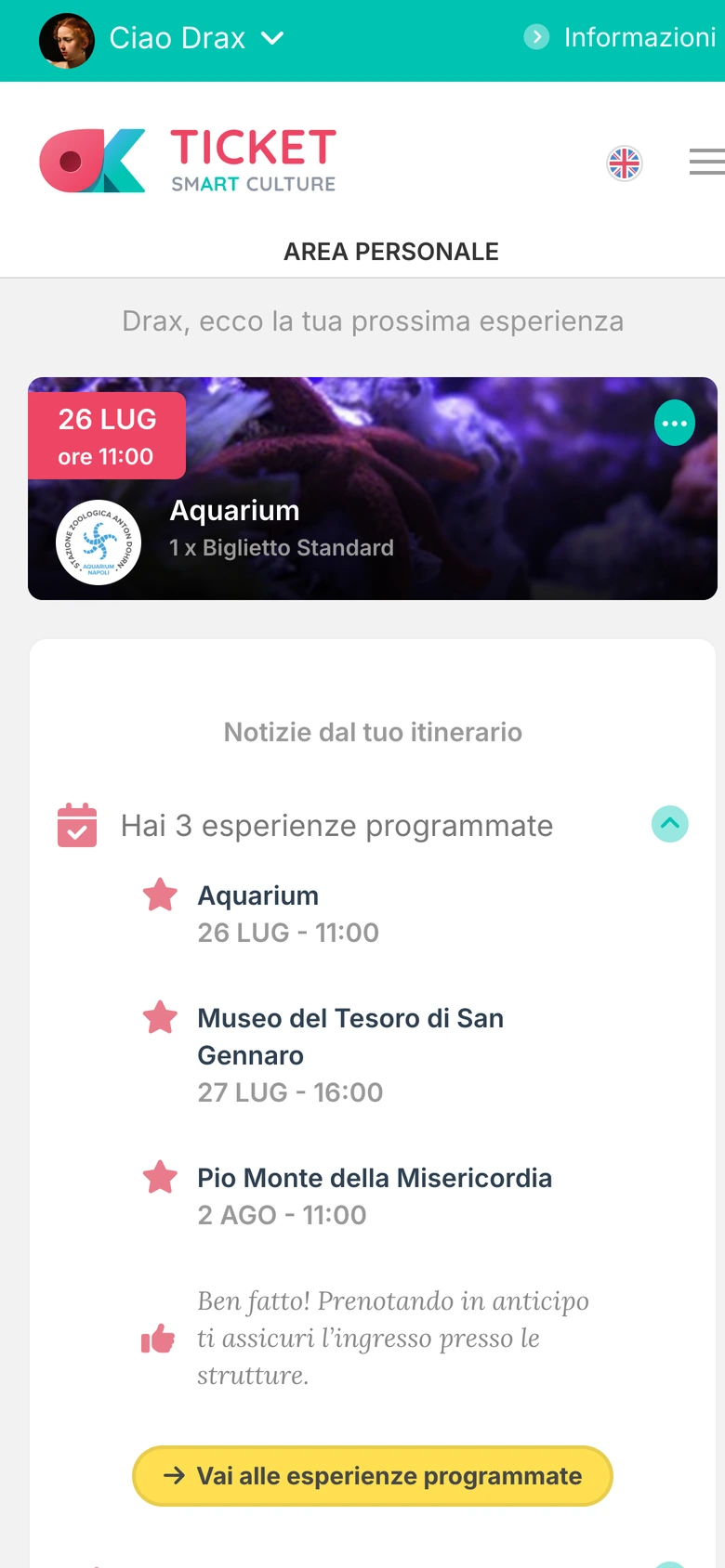 Area personale okTicket — l’itinerario del visitatore con le esperienze programmate del biglietto integrato