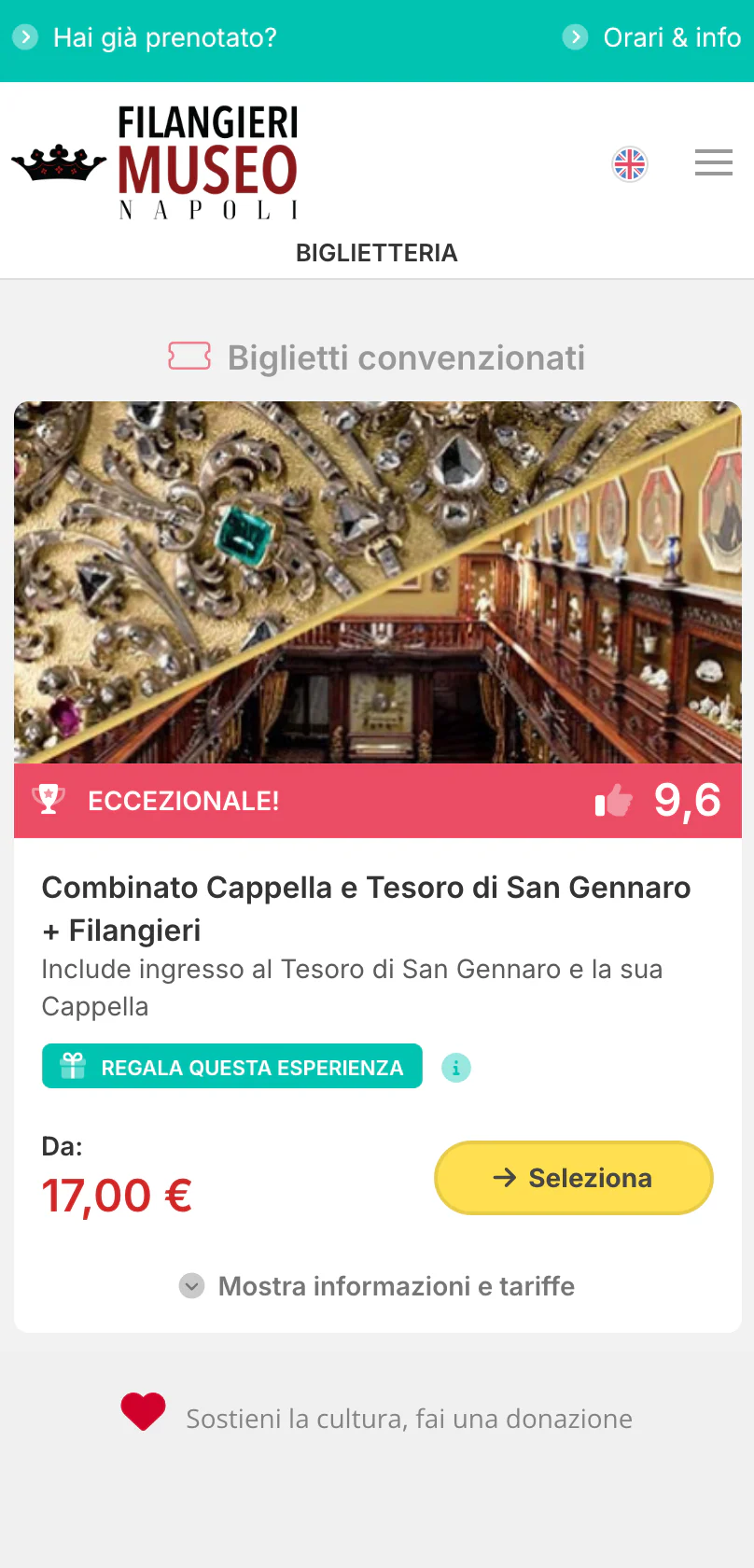 Fondo della biglietteria online del Museo Filangieri su smartphone — sotto le esperienze in vendita, il cuore rosso e l’invito «Sostieni la cultura, fai una donazione»