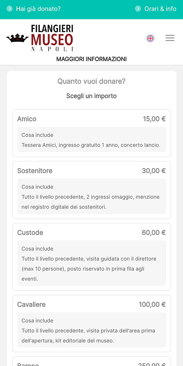 Livelli di donazione della campagna «Tutta Nuova!» su smartphone — Amico 15 €, Sostenitore 30 €, Custode 60 €, Cavaliere 100 €, ognuno con il riquadro «Cosa include» che elenca i vantaggi del livello