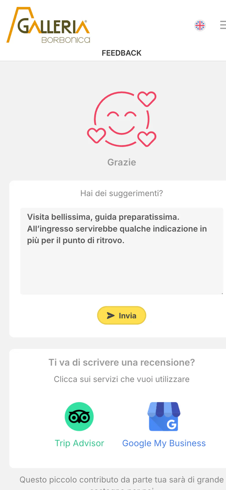 Pagina di feedback okTicket dopo il pollice su — il campo per il commento alla struttura e, sotto, i link diretti a TripAdvisor e Google My Business