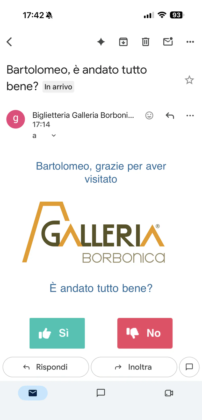 E-mail okTicket di richiesta feedback su smartphone — il brand della Galleria Borbonica, la domanda «È andato tutto bene?» e i due pulsanti Sì e No