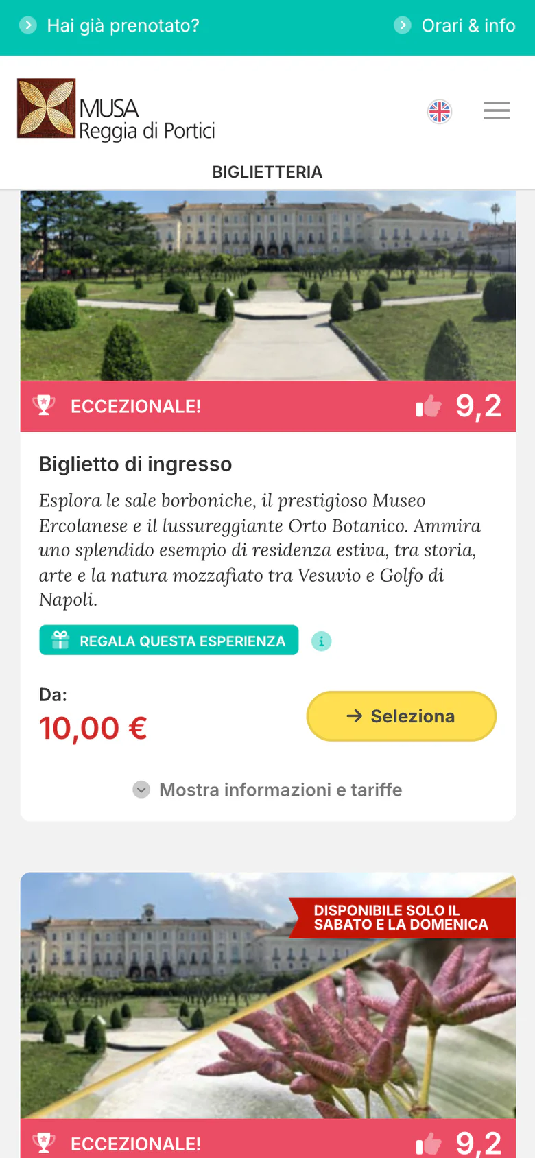 Vetrina okTicket della Reggia di Portici — la fascia del gradimento «Eccezionale! 9,2» sul biglietto di ingresso
