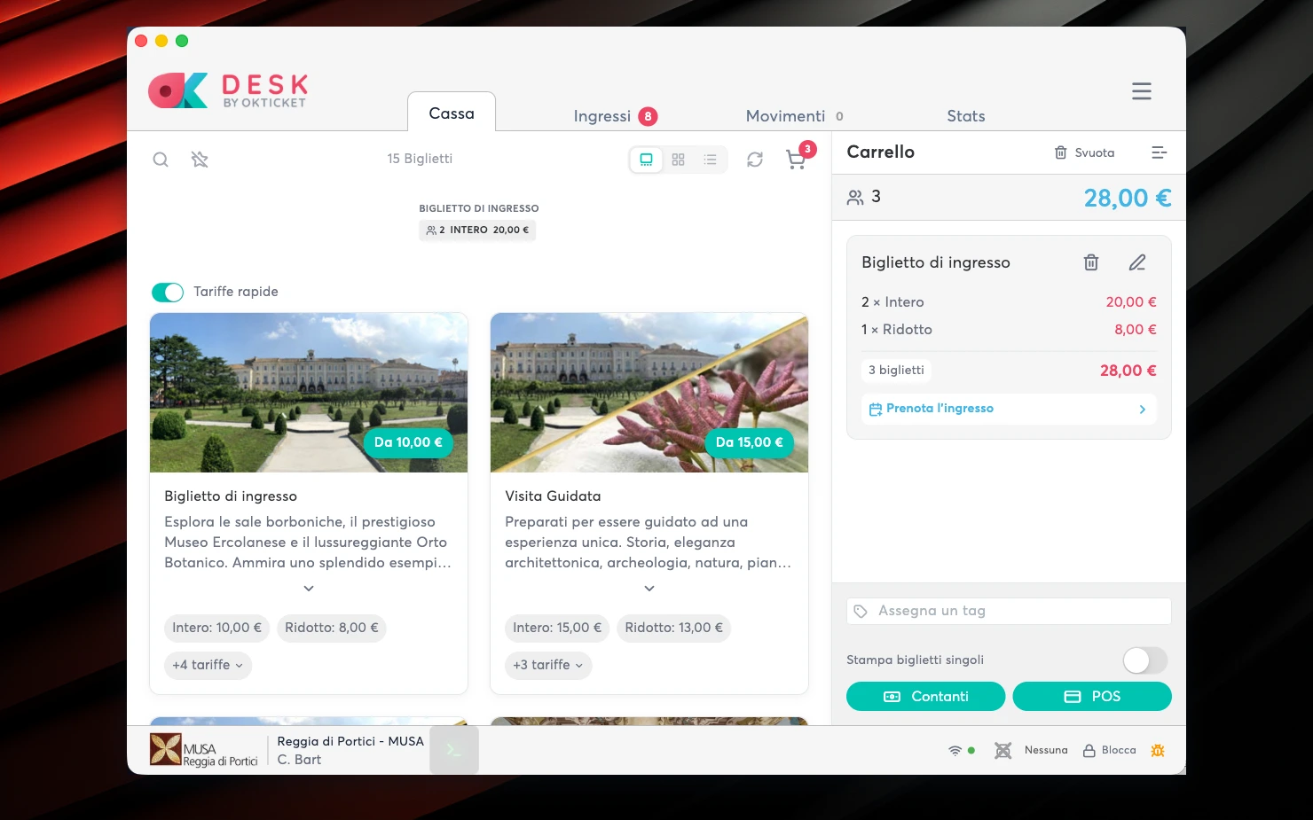 okDesk, la cassa del botteghino — vendita biglietti con carrello e pagamento contanti o POS