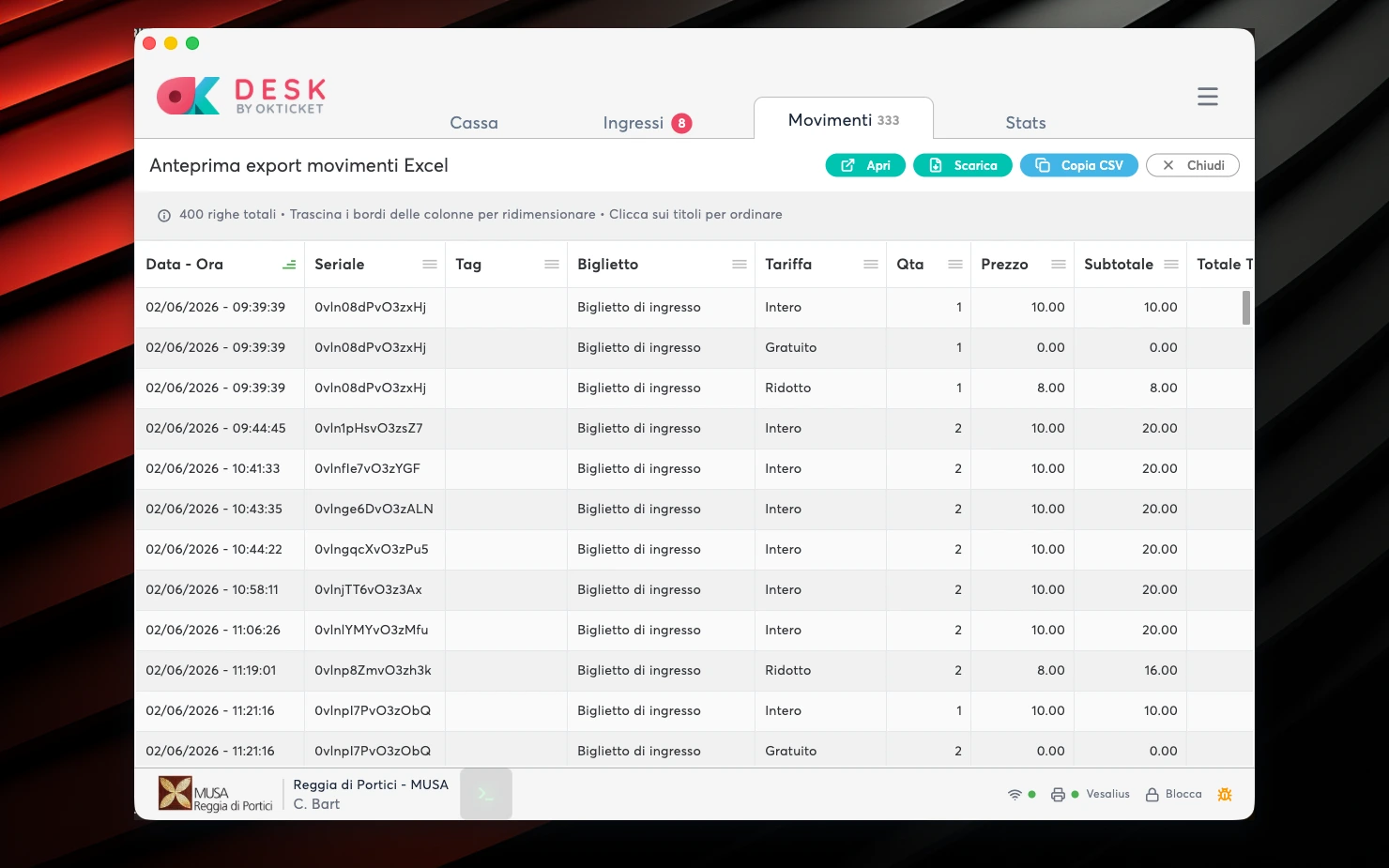okDesk, anteprima dell’export movimenti Excel con ordinamento e copia CSV