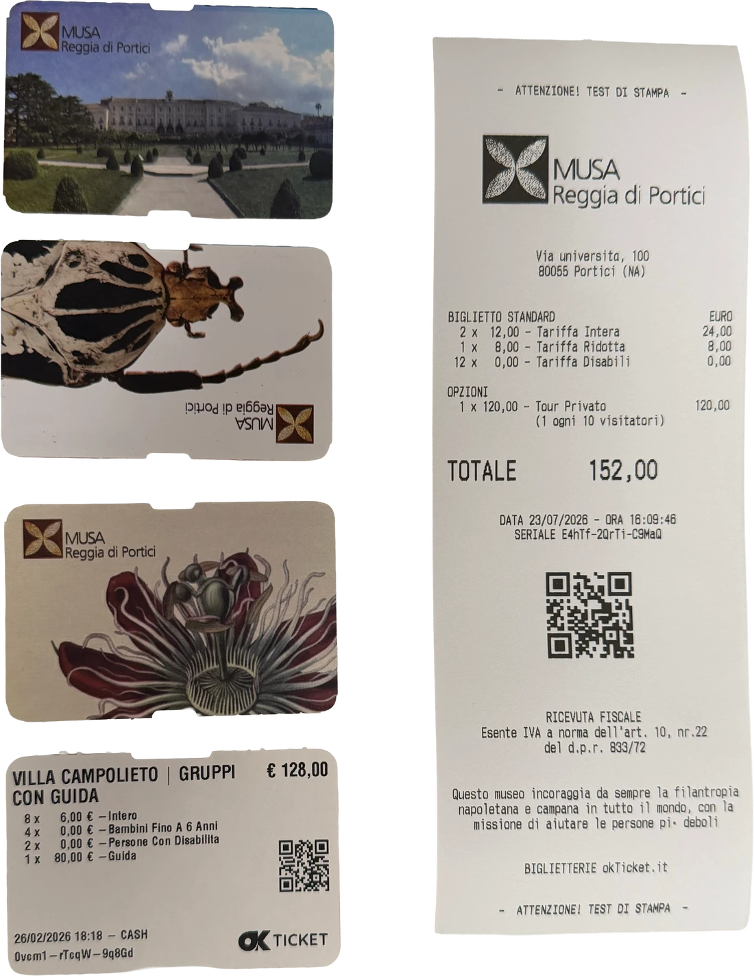 Biglietti premium stampati e scontrino su carta termica emessi con okDesk — MUSA Reggia di Portici