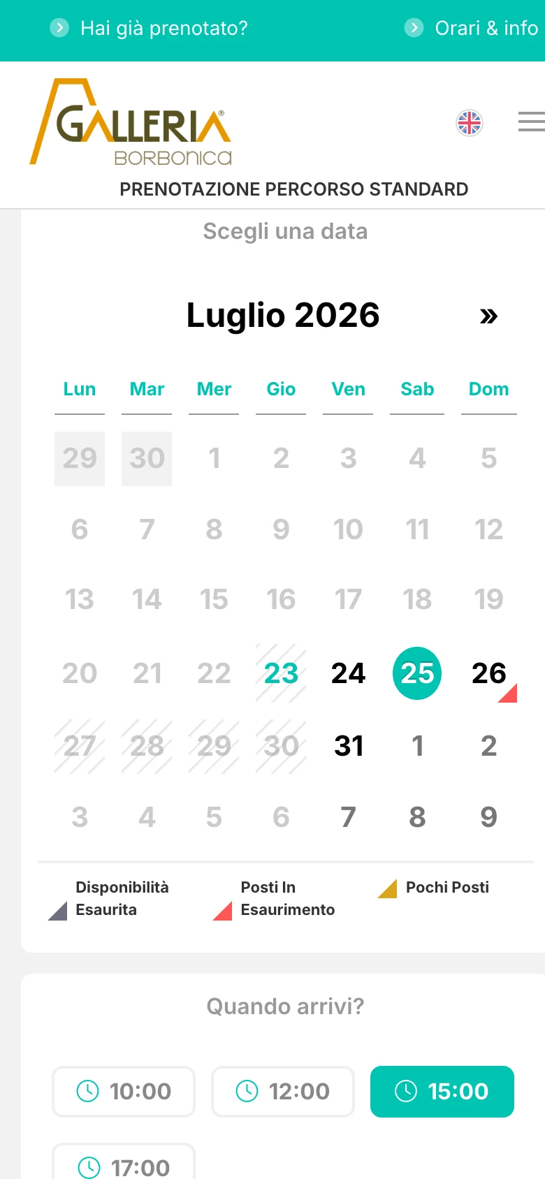 Checkout multi-step okTicket su smartphone — calendario con data selezionata e scelta dell’orario di visita alla Galleria Borbonica