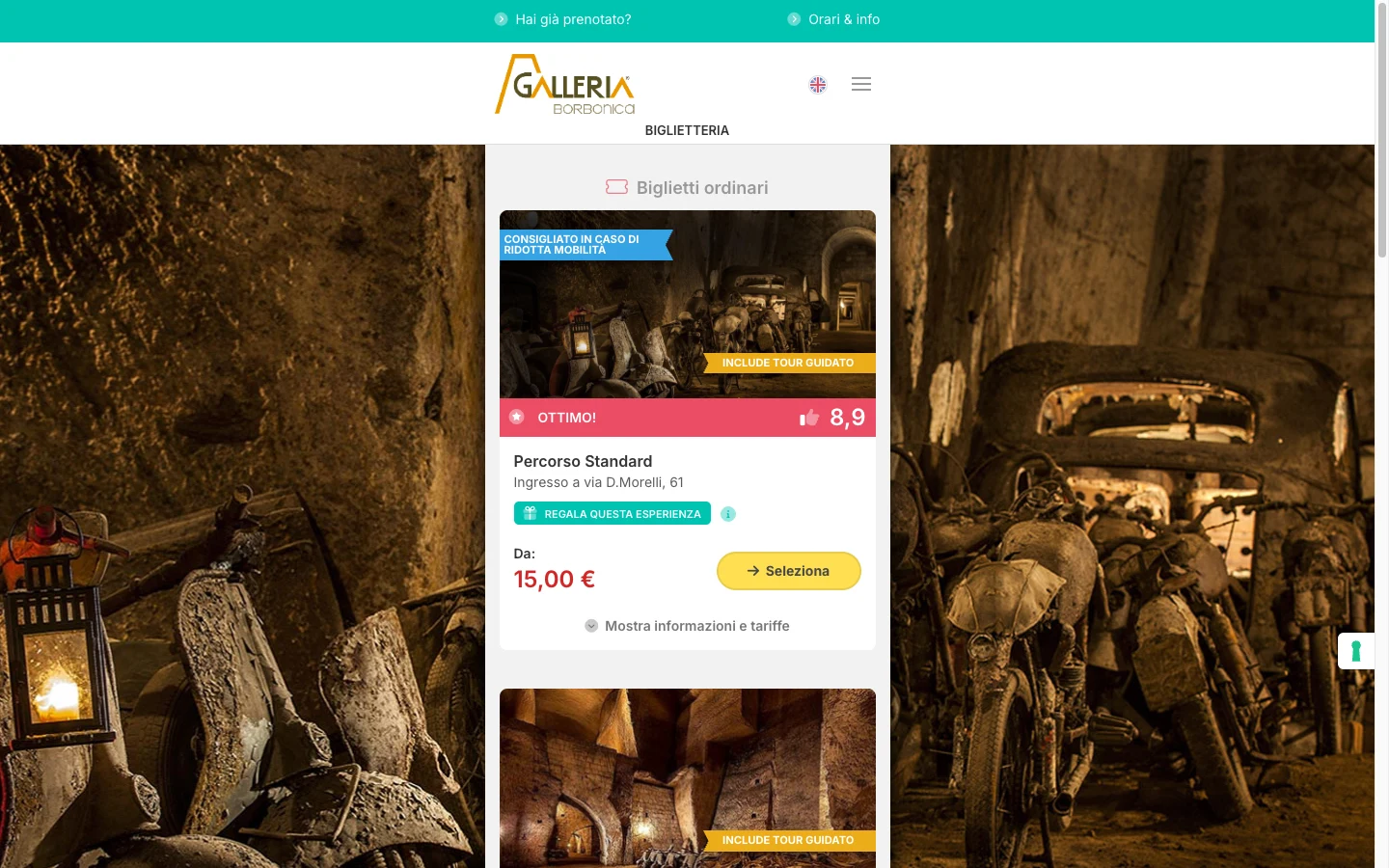 Biglietteria online okTicket della Galleria Borbonica su desktop — vetrina con il branding della struttura