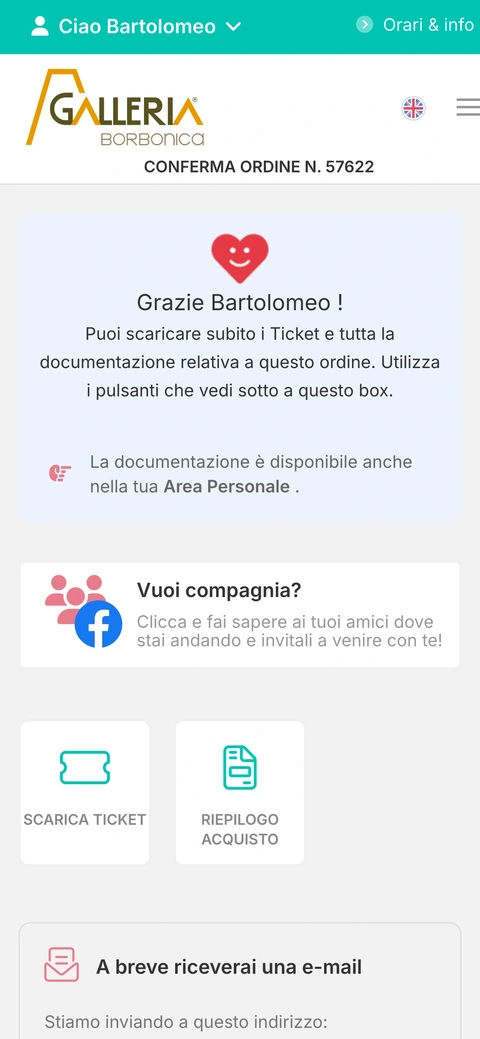 Conferma d’ordine okTicket con il pulsante Scarica Ticket in evidenza