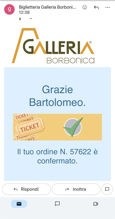 E-mail di conferma okTicket con il brand della Galleria Borbonica e l’ordine confermato