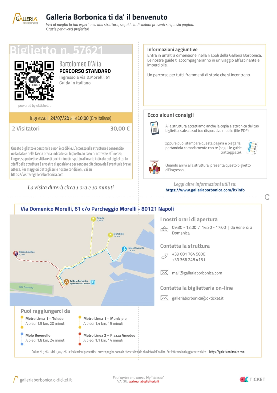 Biglietto okTicket in PDF stampato — QR code, dati della visita, mappa e indicazioni per la Galleria Borbonica