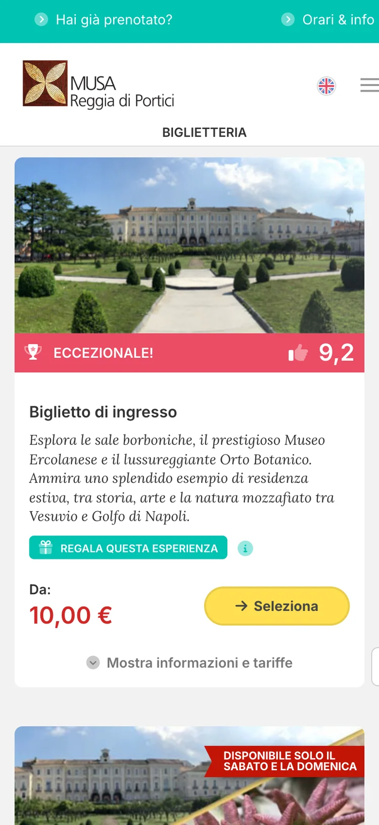 Vetrina della biglietteria online del Centro MUSA — Reggia di Portici: categorie e card biglietto curate da okTicket