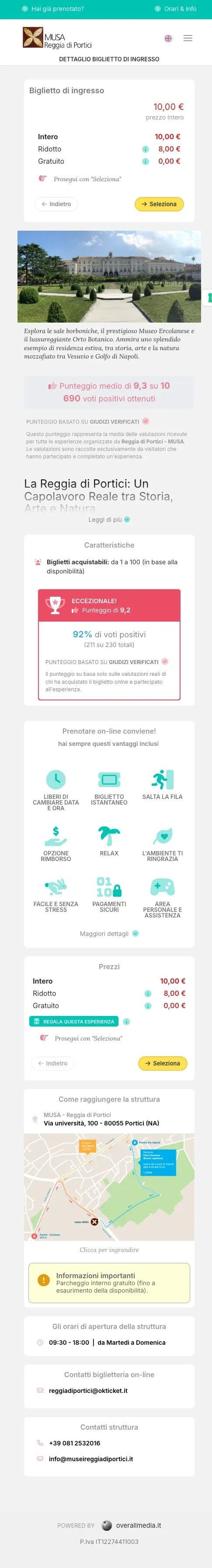 Scheda biglietto completa con tariffe, descrizione e informazioni — biglietteria online okTicket della Reggia di Portici