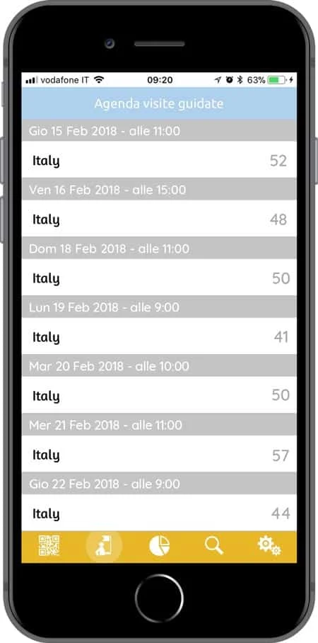 Schermata di esempio dell'app okTicket che mostra l'elenco delle visite guidate imminenti e future
