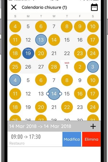 Schermata di esempio dell'app okTicket che mostra la funzione di consultazione agenda, con la possibilità di bloccare alcune giornate e fasce orarie con le chiusure
