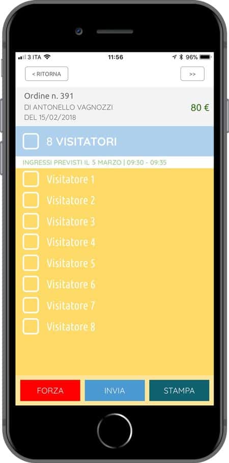 Schermata di esempio dell'app okTicket che mostra come sia possibile recuperare e convalidare un biglietto, anche quando il cliente lo ha smarrito.